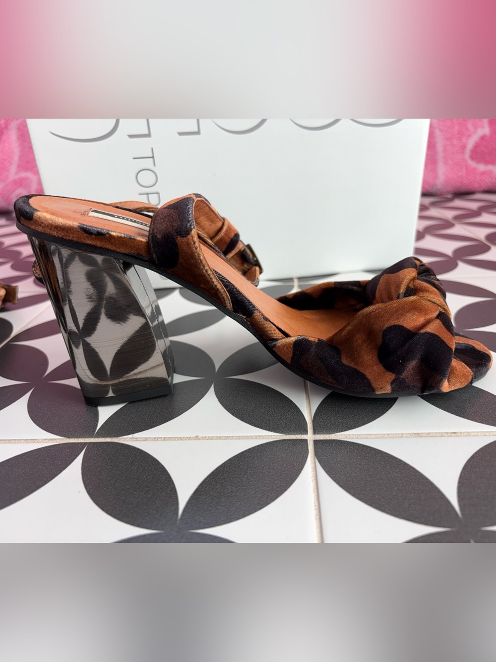 (USED) Brown Leopard Print Block Heel Slide Sandals